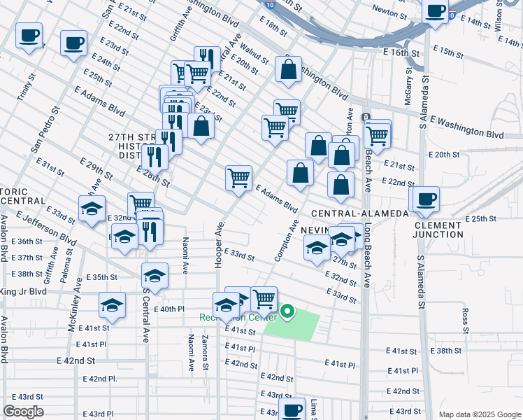 map of restaurants, bars, coffee shops, grocery stores, and more near 1341 East 27th Street in Los Angeles