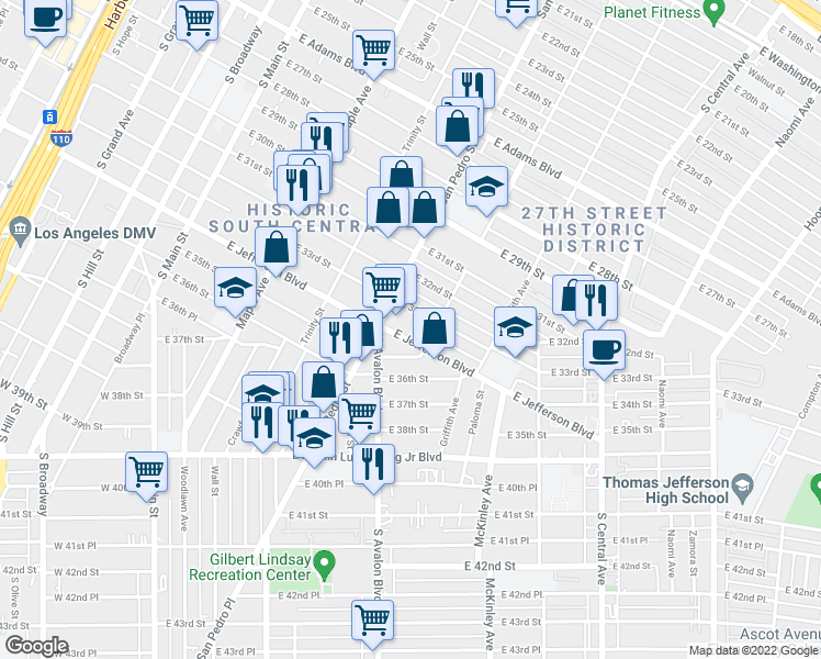 map of restaurants, bars, coffee shops, grocery stores, and more near 701 East Jefferson Boulevard in Los Angeles