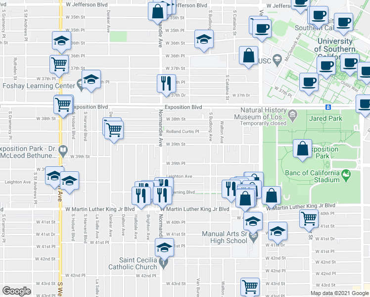 map of restaurants, bars, coffee shops, grocery stores, and more near 1202 West 39th Street in Los Angeles