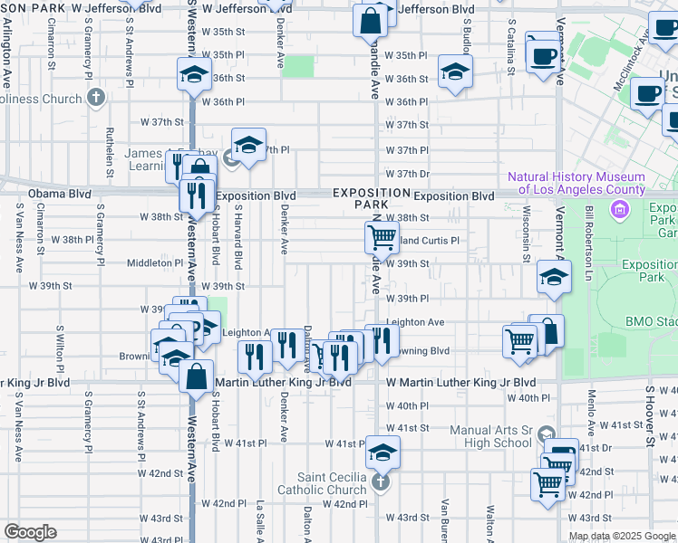 map of restaurants, bars, coffee shops, grocery stores, and more near 1344 West 39th Street in Los Angeles