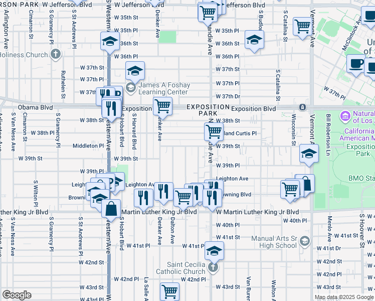map of restaurants, bars, coffee shops, grocery stores, and more near 1344 West 39th Street in Los Angeles