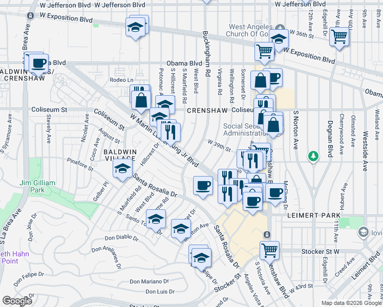 map of restaurants, bars, coffee shops, grocery stores, and more near 3926 Buckingham Road in Los Angeles