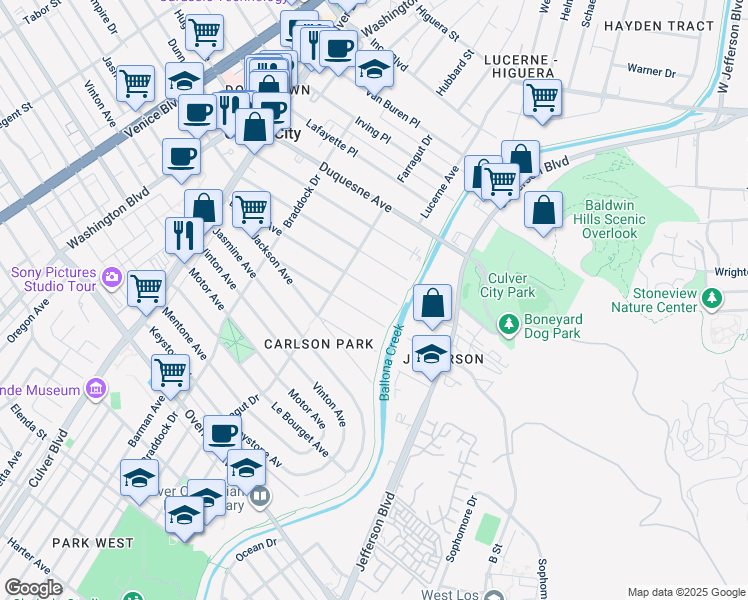 map of restaurants, bars, coffee shops, grocery stores, and more near 4247 La Salle Avenue in Culver City