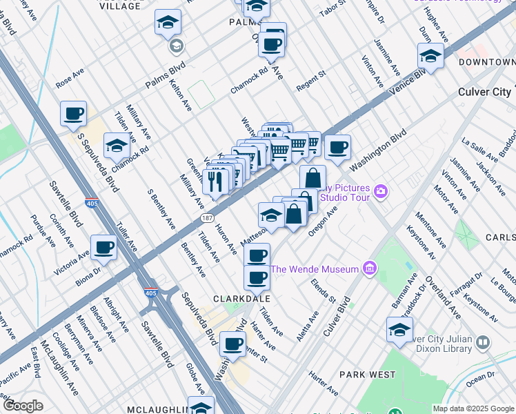 map of restaurants, bars, coffee shops, grocery stores, and more near 3815 College Avenue in Culver City