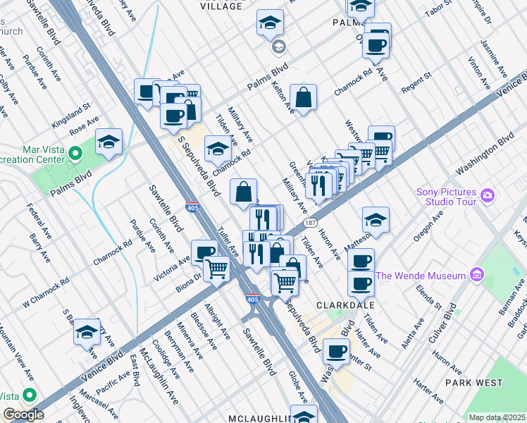 map of restaurants, bars, coffee shops, grocery stores, and more near 3703 South Bentley Avenue in Los Angeles