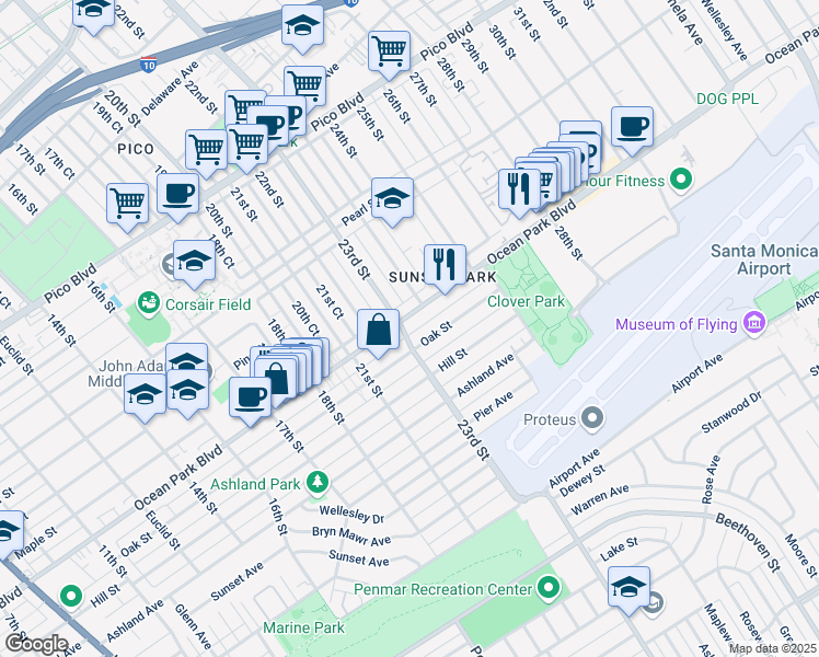 map of restaurants, bars, coffee shops, grocery stores, and more near 2318 Ocean Park Place South in Santa Monica