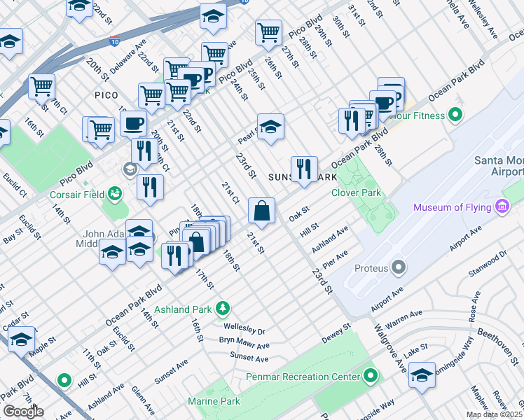 map of restaurants, bars, coffee shops, grocery stores, and more near 2217 Ocean Park Place North in Santa Monica