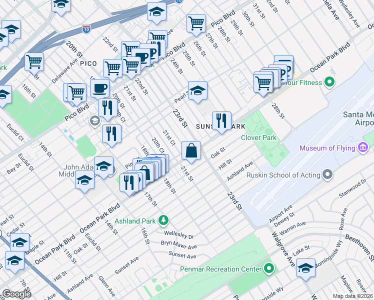 map of restaurants, bars, coffee shops, grocery stores, and more near 2217 Ocean Park Place North in Santa Monica
