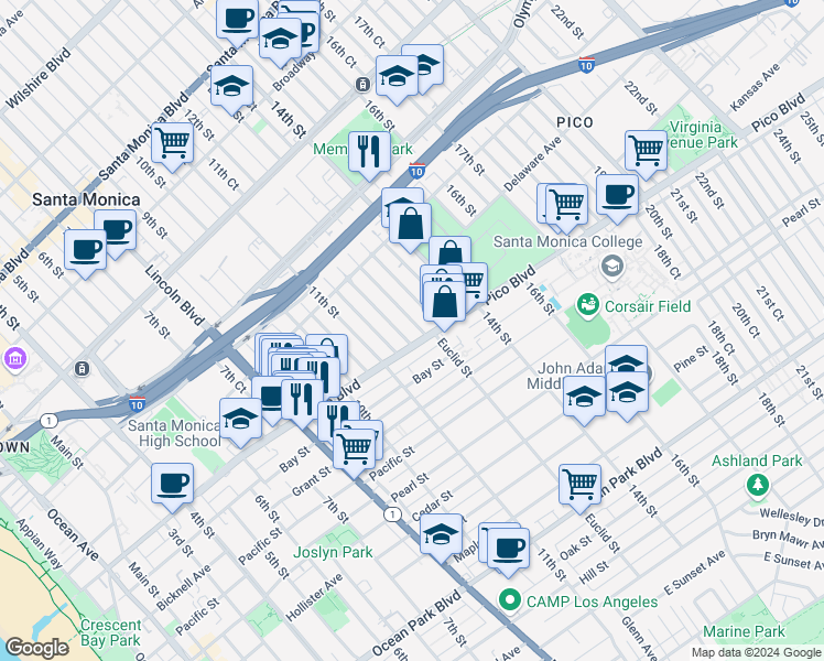 map of restaurants, bars, coffee shops, grocery stores, and more near 1923 12th Street in Santa Monica