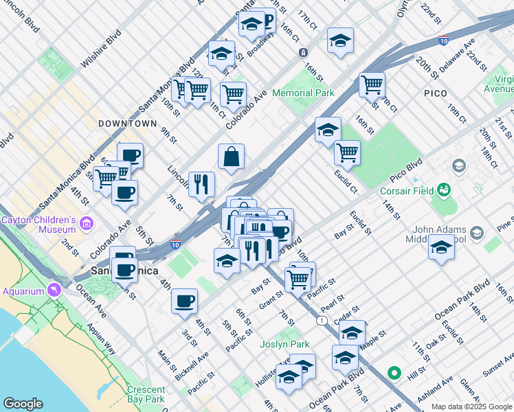 map of restaurants, bars, coffee shops, grocery stores, and more near 1750 10th Street in Santa Monica