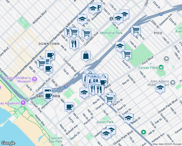 map of restaurants, bars, coffee shops, grocery stores, and more near 1750 10th Street in Santa Monica