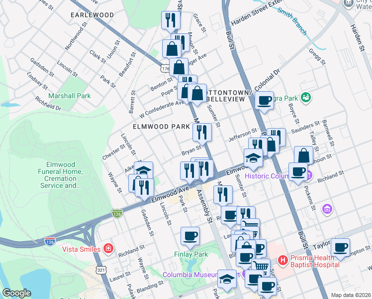 map of restaurants, bars, coffee shops, grocery stores, and more near 2212 Rembert Street in Columbia