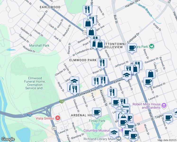 map of restaurants, bars, coffee shops, grocery stores, and more near 2212 Rembert Street in Columbia