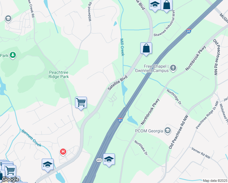 map of restaurants, bars, coffee shops, grocery stores, and more near 1110 Satellite Boulevard Northwest in Suwanee