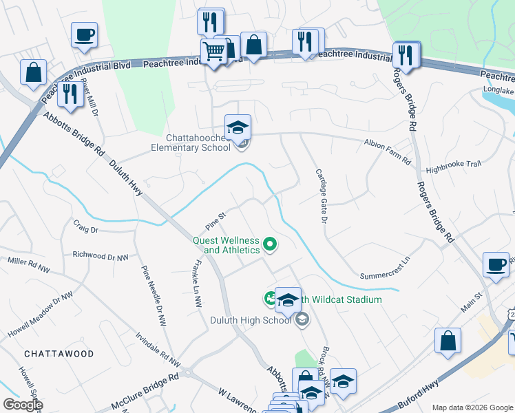 map of restaurants, bars, coffee shops, grocery stores, and more near 2950 Pine Street in Duluth