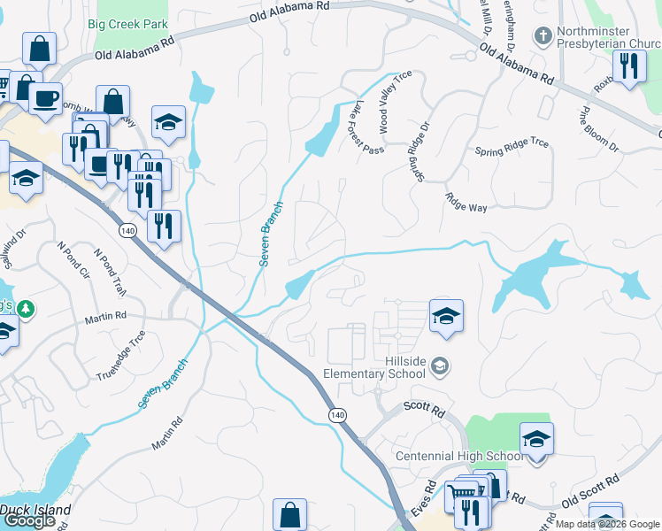 map of restaurants, bars, coffee shops, grocery stores, and more near 1105 Calibre Creek Parkway in Roswell