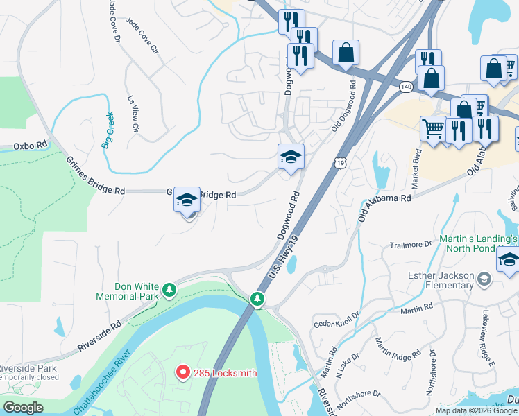 map of restaurants, bars, coffee shops, grocery stores, and more near 245 Vickery Way in Roswell