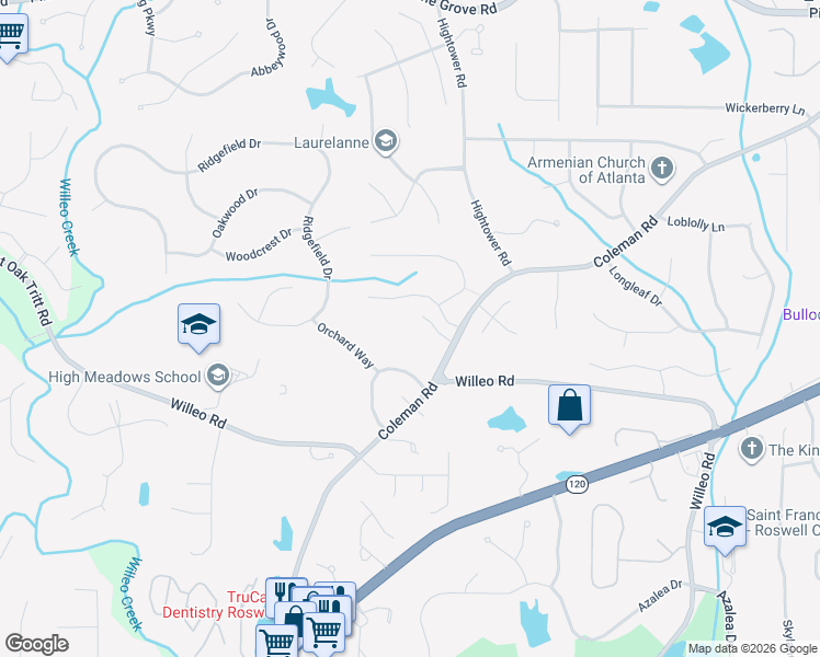 map of restaurants, bars, coffee shops, grocery stores, and more near 9650 Coleman Road in Roswell