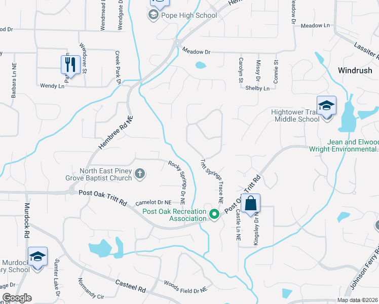 map of restaurants, bars, coffee shops, grocery stores, and more near 2679 Tritt Springs Trace Northeast in Marietta