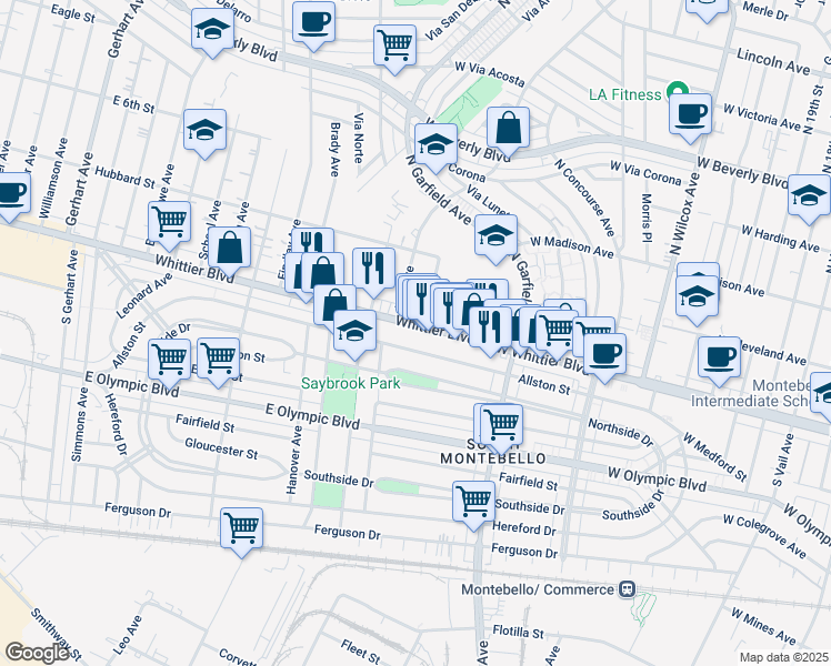 map of restaurants, bars, coffee shops, grocery stores, and more near 6422 Whittier Boulevard in East Los Angeles