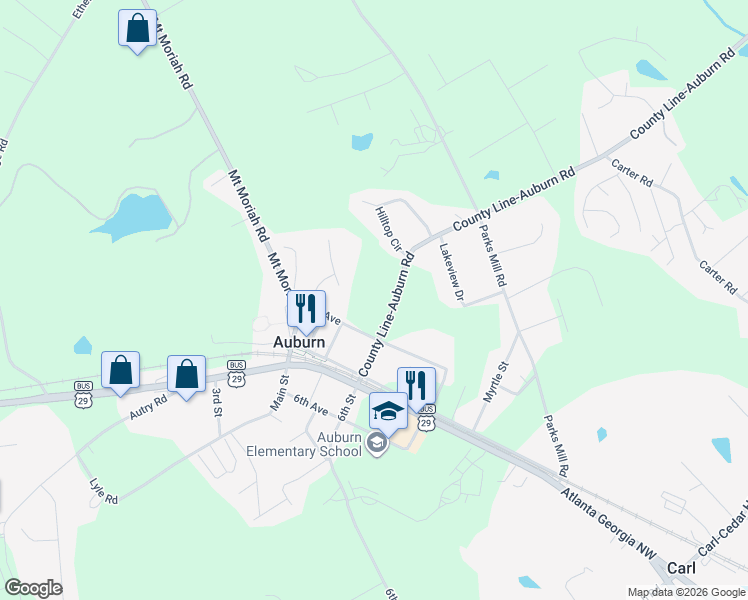 map of restaurants, bars, coffee shops, grocery stores, and more near 44 County Line-Auburn Road in Auburn