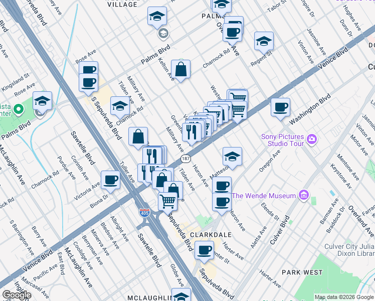 map of restaurants, bars, coffee shops, grocery stores, and more near 10961 Venice Boulevard in Los Angeles
