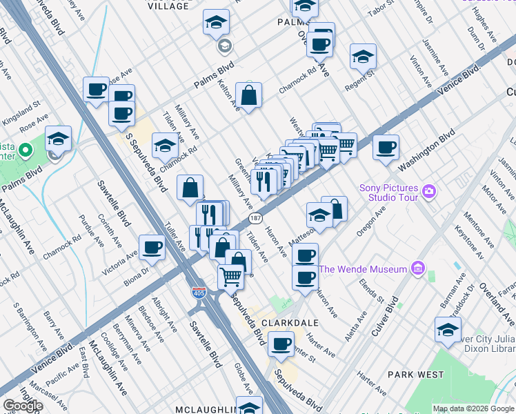 map of restaurants, bars, coffee shops, grocery stores, and more near 3752 Military Avenue in Los Angeles