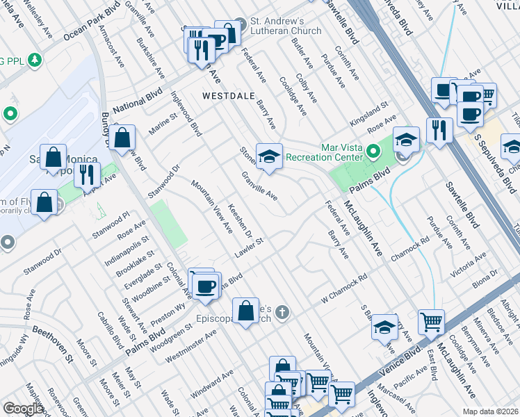 map of restaurants, bars, coffee shops, grocery stores, and more near 11990 Woodbine Street in Los Angeles