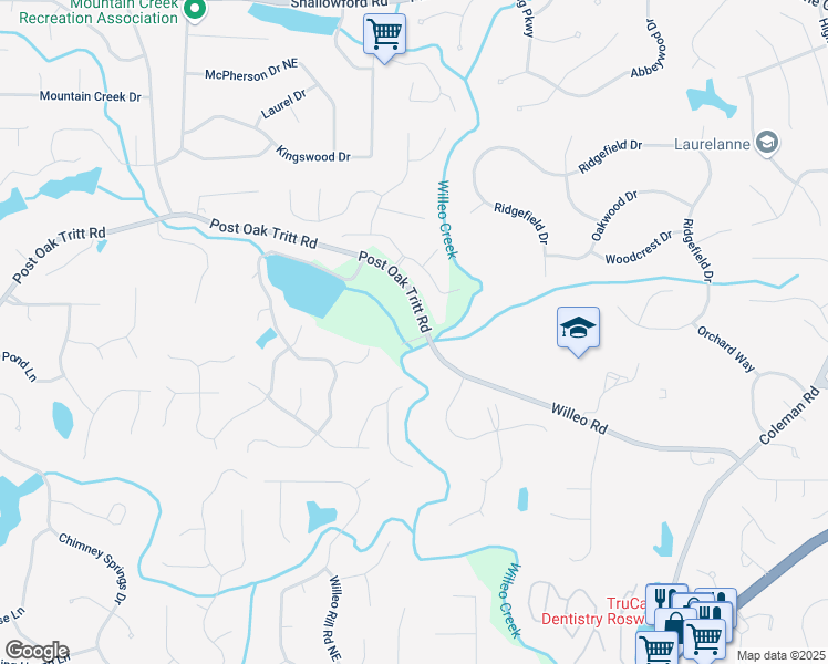 map of restaurants, bars, coffee shops, grocery stores, and more near 5120 Post Oak Tritt Road in Roswell