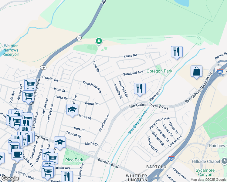 map of restaurants, bars, coffee shops, grocery stores, and more near 9547 Woodford Street in Pico Rivera