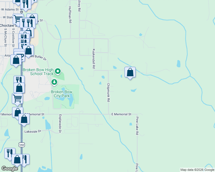 map of restaurants, bars, coffee shops, grocery stores, and more near 1100 Kuykendall Road in Broken Bow