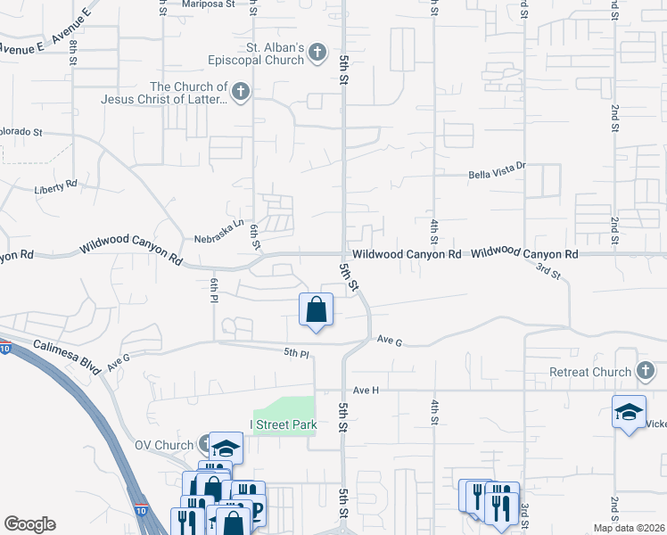 map of restaurants, bars, coffee shops, grocery stores, and more near 34259 Wildwood Canyon Road in Yucaipa