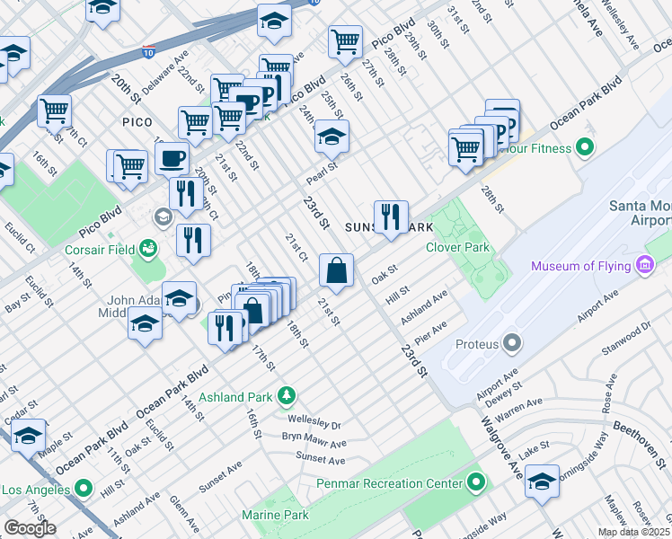 map of restaurants, bars, coffee shops, grocery stores, and more near 2207 Ocean Park Boulevard in Santa Monica