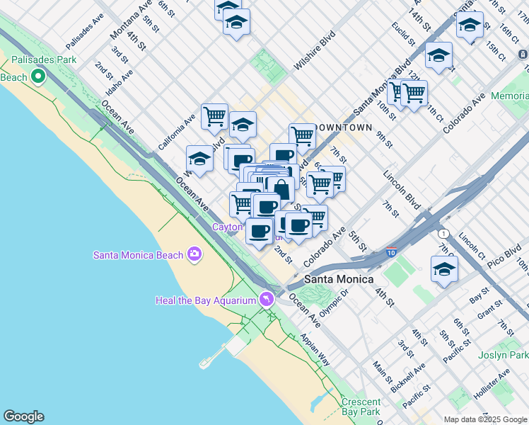 map of restaurants, bars, coffee shops, grocery stores, and more near 312 Santa Monica Boulevard in Santa Monica