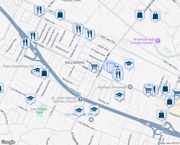map of restaurants, bars, coffee shops, grocery stores, and more near 15118 Gale Avenue in La Puente