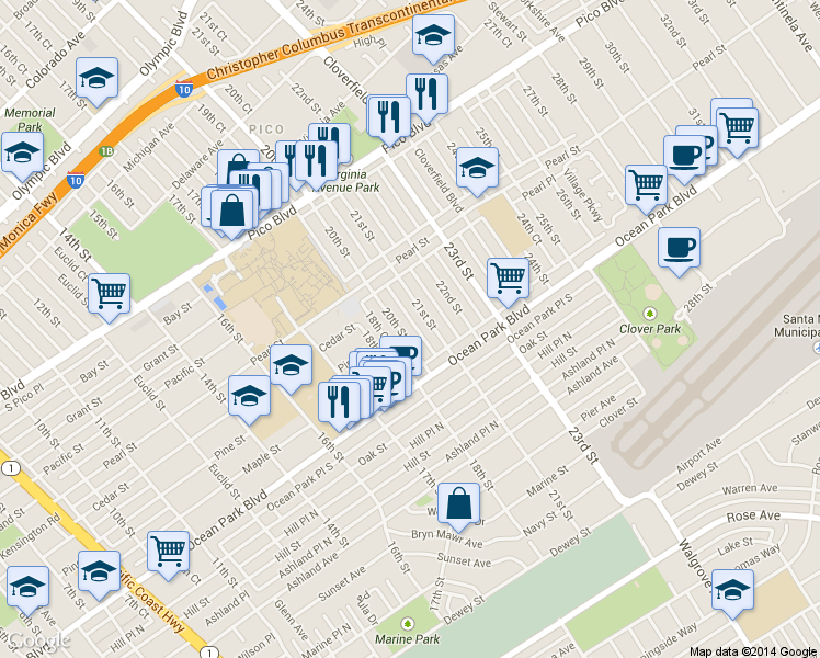 map of restaurants, bars, coffee shops, grocery stores, and more near 2431 20th Street in Santa Monica