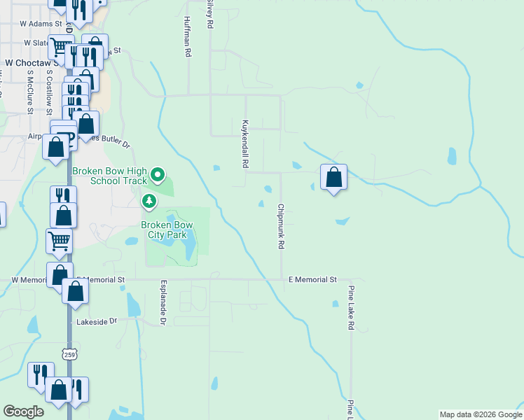 map of restaurants, bars, coffee shops, grocery stores, and more near 1100 Kuykendall Road in Broken Bow