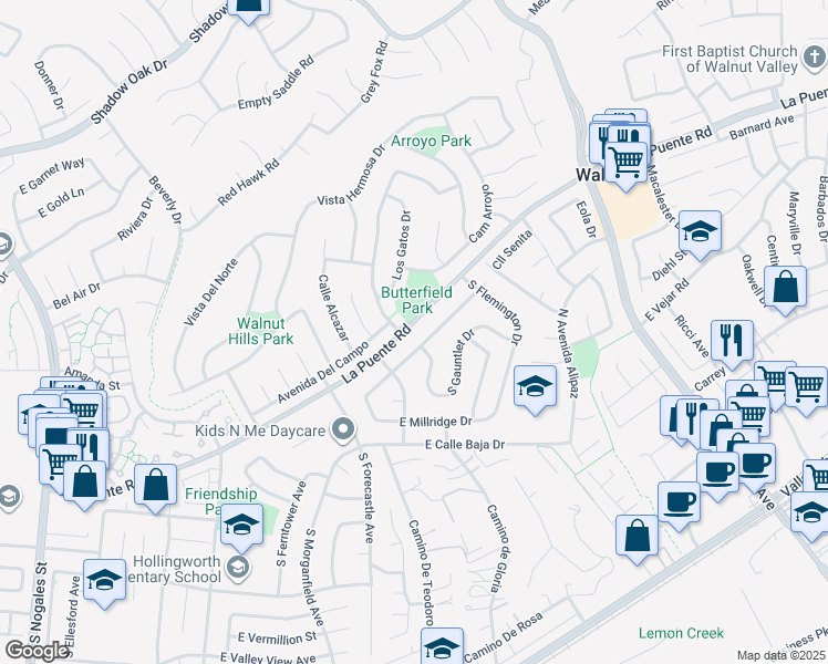 map of restaurants, bars, coffee shops, grocery stores, and more near 3328 La Puente Road in West Covina