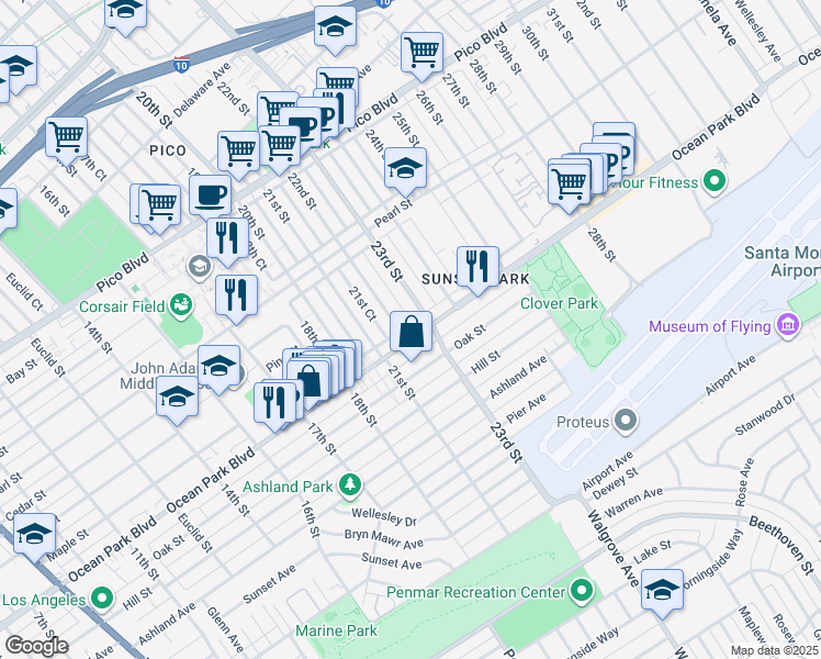 map of restaurants, bars, coffee shops, grocery stores, and more near 2207 Ocean Park Boulevard in Santa Monica