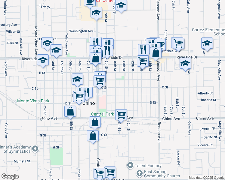 map of restaurants, bars, coffee shops, grocery stores, and more near 13110 10th Street in Chino