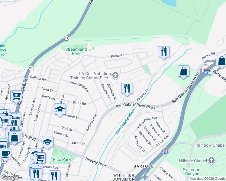 map of restaurants, bars, coffee shops, grocery stores, and more near 9615 Brierfield Street in Pico Rivera