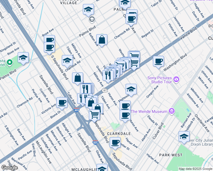 map of restaurants, bars, coffee shops, grocery stores, and more near 3752 Military Avenue in Los Angeles