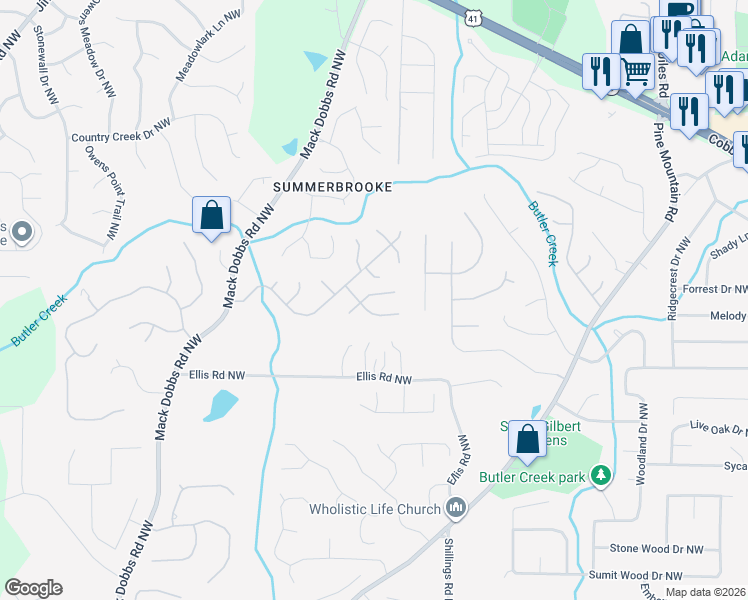 map of restaurants, bars, coffee shops, grocery stores, and more near 2474 Kaley Walk Northwest in Kennesaw