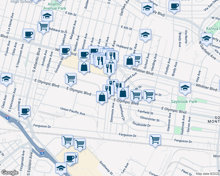map of restaurants, bars, coffee shops, grocery stores, and more near 5756 Grace Place in Commerce