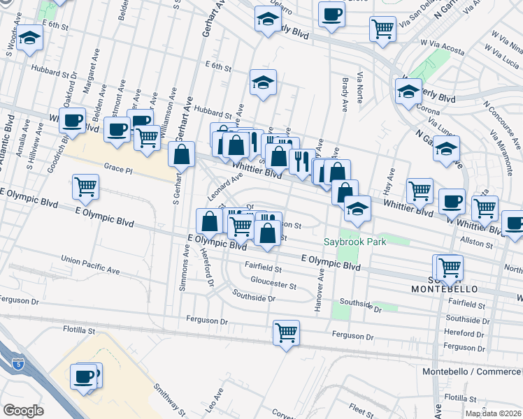 map of restaurants, bars, coffee shops, grocery stores, and more near 6044 Northside Drive in East Los Angeles