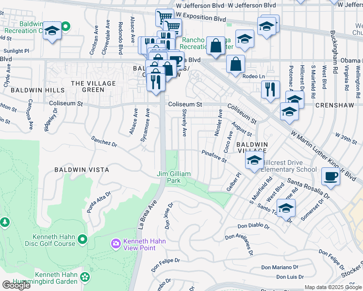 map of restaurants, bars, coffee shops, grocery stores, and more near 3945 Stevely Avenue in Los Angeles