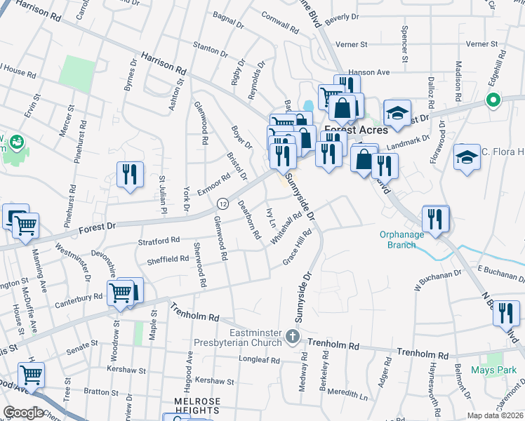 map of restaurants, bars, coffee shops, grocery stores, and more near 3048 Girardeau Avenue in Columbia