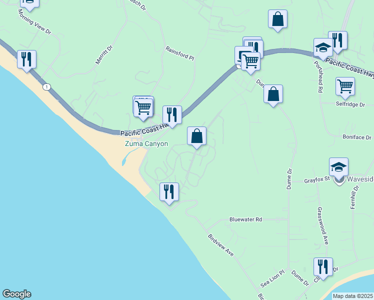 map of restaurants, bars, coffee shops, grocery stores, and more near 29500 Heathercliff Road in Malibu