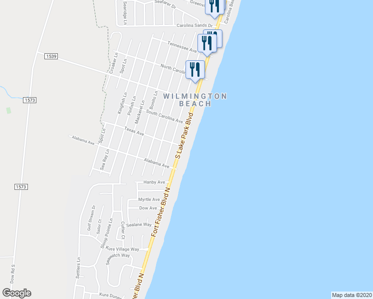 map of restaurants, bars, coffee shops, grocery stores, and more near 1 Texas Avenue in Carolina Beach