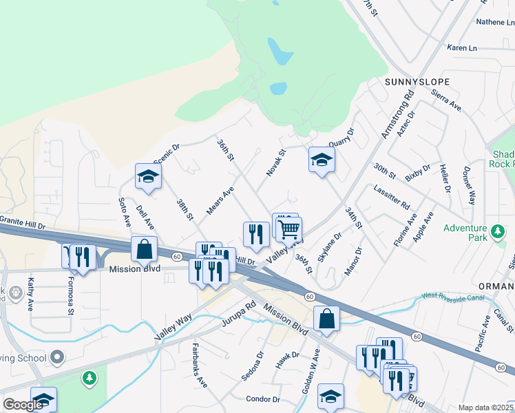 map of restaurants, bars, coffee shops, grocery stores, and more near 6916 36th Street in Riverside